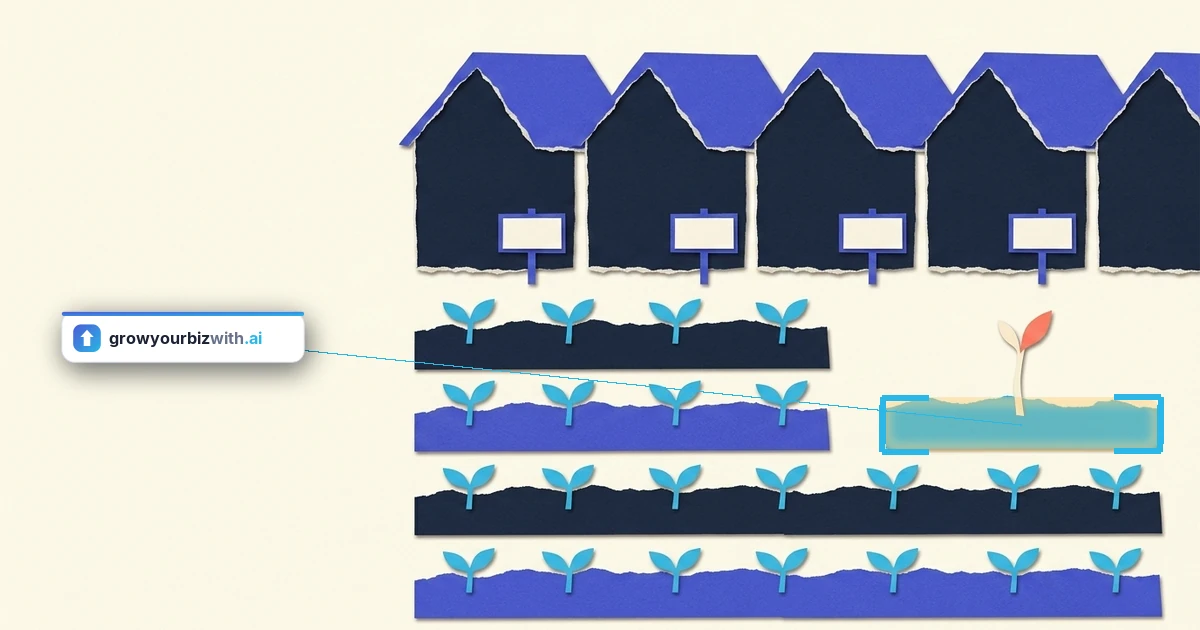 Paper-cut illustration setting out AI tools for real estate agents as a row of navy houses with bright indigo roofs and blank yard signs, above four tidy planted rows, with one sky-blue bed set apart holding a single cream shoot with a coral leaf tip