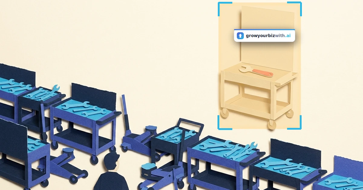 Paper-cut collage illustration of AI SEO tools for small business as a pit lane of idle navy tool trolleys crowded with blank blue wrenches, one small figure looking up the lane, and a single plain cream trolley standing apart above them holding one coral-handled wrench.