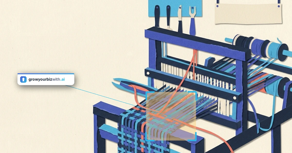 Paper-cut loom weaving four coloured threads into one cloth, with the coral thread singled out, illustrating ai content marketing tools