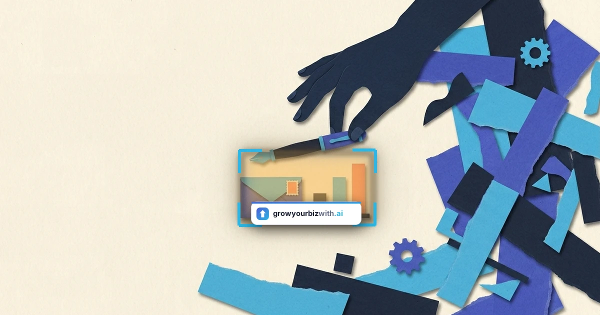 Paper-cut collage illustration viewed from above of a hand selecting a few chosen marketing tools — a pen, an envelope and a small bar chart — grouped together on a work surface, the growyourbizwith.ai answer card highlighting the selected few