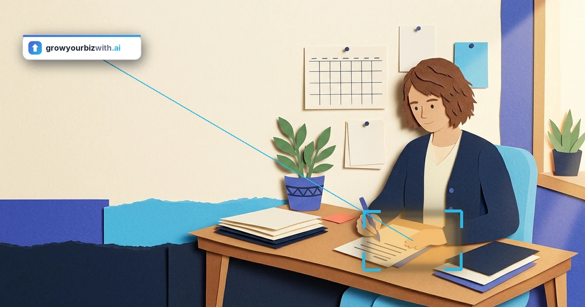 Paper-cut collage of an owner reviewing an AI-drafted marketing piece in a cosy home office, the growyourbizwith.ai answer card highlighting the draft