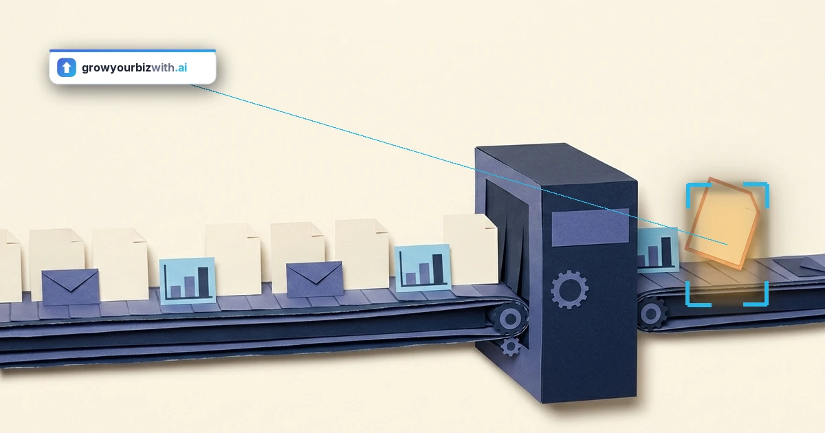Handmade paper-cut conveyor belt carrying blank pages, envelopes and charts through a navy machine, with one coral-edged page lifted off the belt and singled out for a human check
