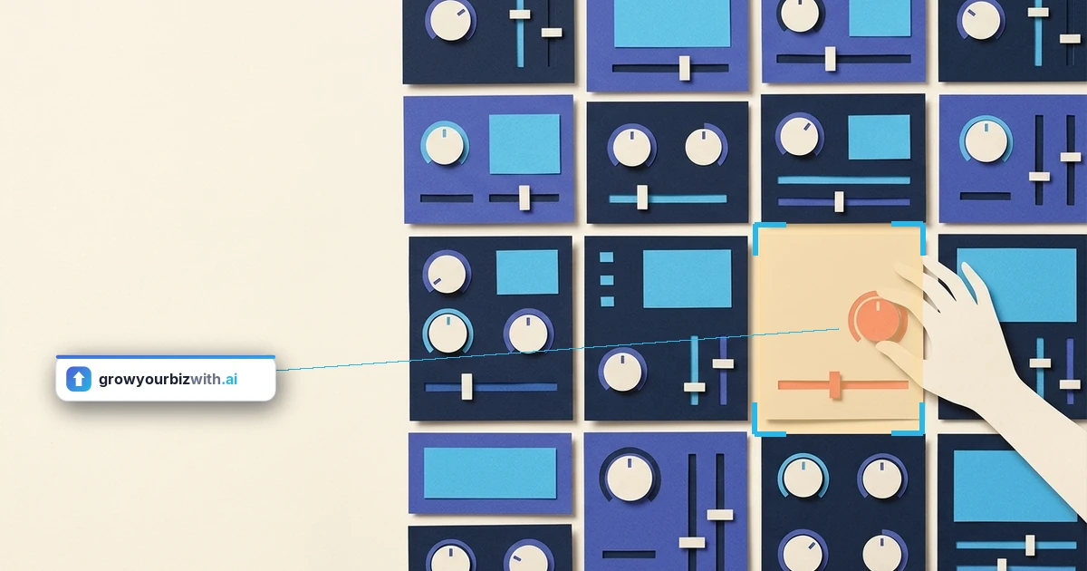 Paper-cut illustration comparing AI tools for small business as a wall of navy and indigo control panels covered in blank dials and sliders, with one cream panel set apart from the grid where a hand rests on its single coral dial above a coral slider
