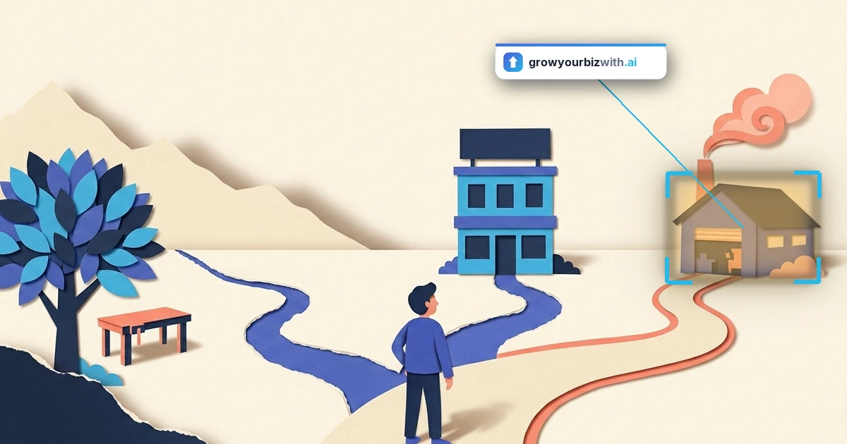 Paper-cut collage of a small-business owner choosing between three paths, weighing AI consultants for small business against DIY and a done-for-you service, the growyourbizwith.ai answer card marking the choice