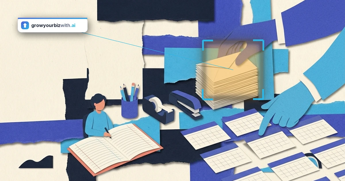 Handmade paper-cut workspace where two large helping hands sort a stack of blank envelopes and blank calendar cards while a small business owner keeps one coral-edged ledger task, showing AI automation handling the repetitive busywork