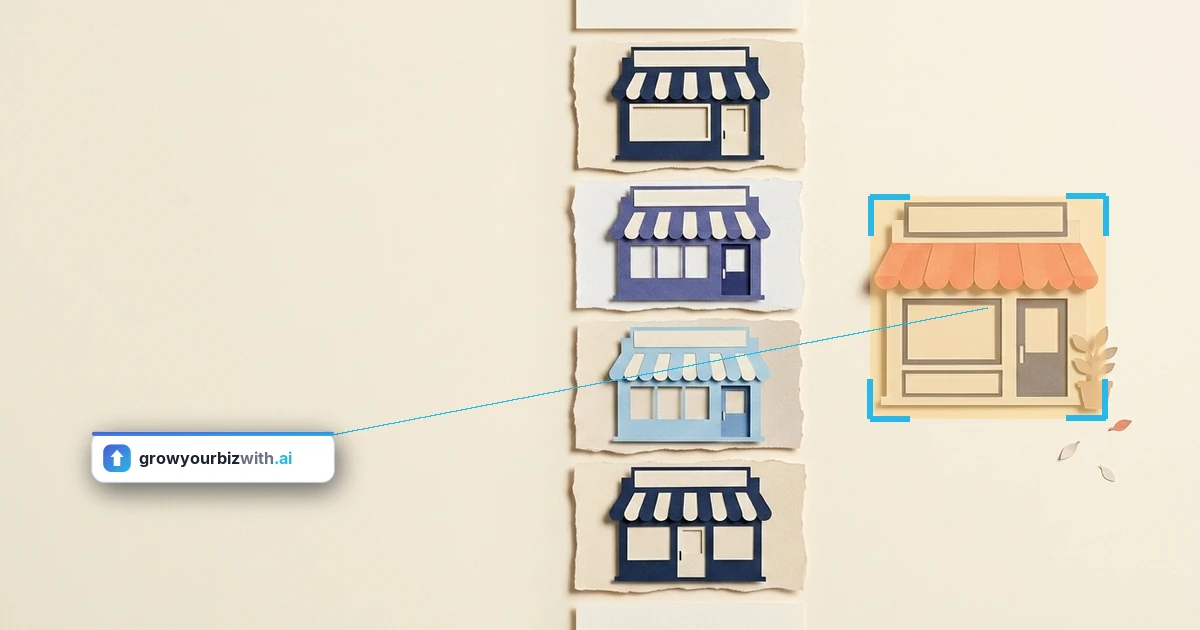 Paper-cut illustration of a column of small shopfronts listed one above another with one cream storefront under a coral awning set apart and highlighted, representing chatgpt seo pulling one business out of the results