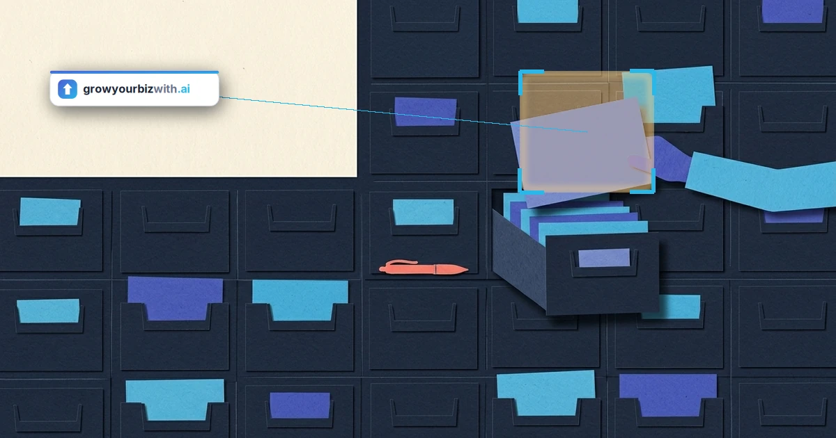 Paper-cut collage illustration of a wall of navy card-catalogue drawers with one card lifted forward, an image for AI visibility tracking tools and the single source an AI retrieves, marked by the growyourbizwith.ai answer card