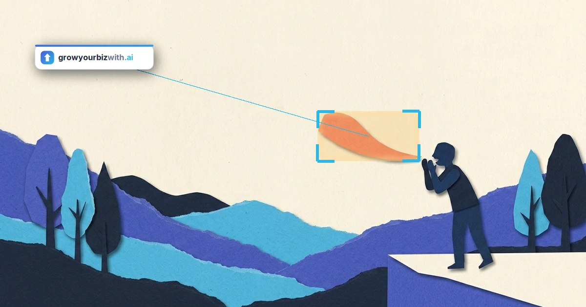 Paper-cut collage illustration of a figure calling across layered hills with one warm shape returning across the valley, an image for LLM visibility tracking where you ask and your name comes back, marked by the growyourbizwith.ai answer card
