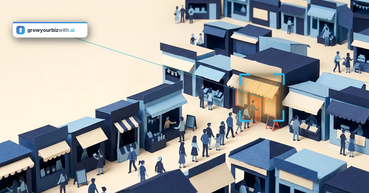 Paper-cut collage of a busy market square with one shop singled out as the answer, the growyourbizwith.ai answer card highlighting it