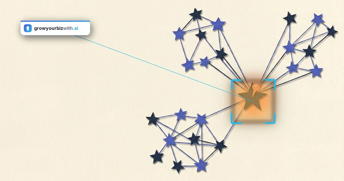 Handmade paper-cut star map where several star clusters joined by straight connecting lines all converge on one coral-pinned star, showing a business found across both the SEO and GEO networks