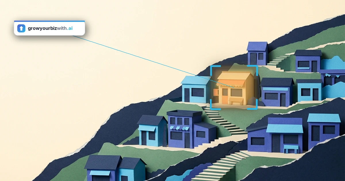 Paper-cut collage of a terraced hillside village with one shop singled out as the answer, the growyourbizwith.ai answer card highlighting it