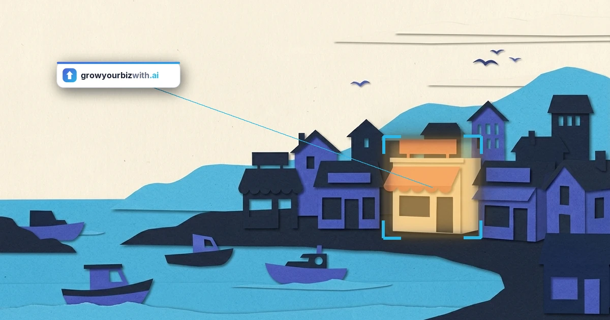 Paper-cut collage illustration of a coastal town with one shop singled out along the waterfront, illustrating LLM SEO getting your business named by AI