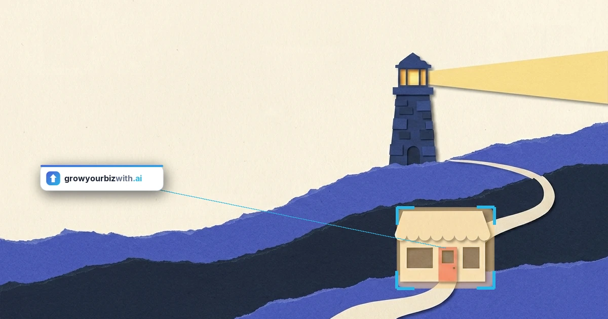 Paper-cut illustration of an inland hilltop beacon casting one beam across navy hills above a small cream shopfront, representing ai search optimization making one business visible from a distance