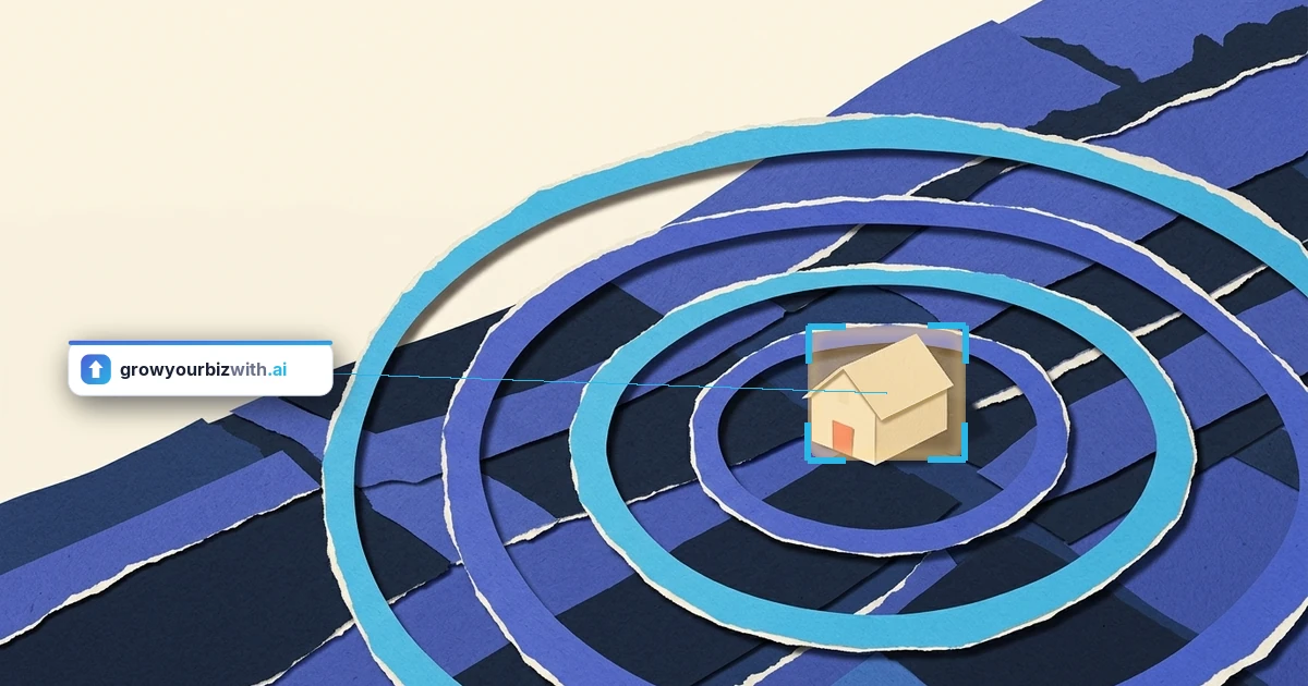 Paper-cut aerial illustration of concentric rings rippling outward from one small farm building across navy patchwork fields, representing answer engine optimization carrying one business further