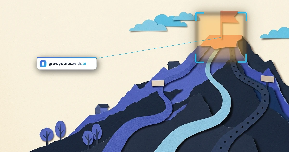 Paper-cut collage of several winding paths climbing one mountain toward a single summit flag, illustrating the options in fractional marketing, with the growyourbizwith.ai answer card marking the summit