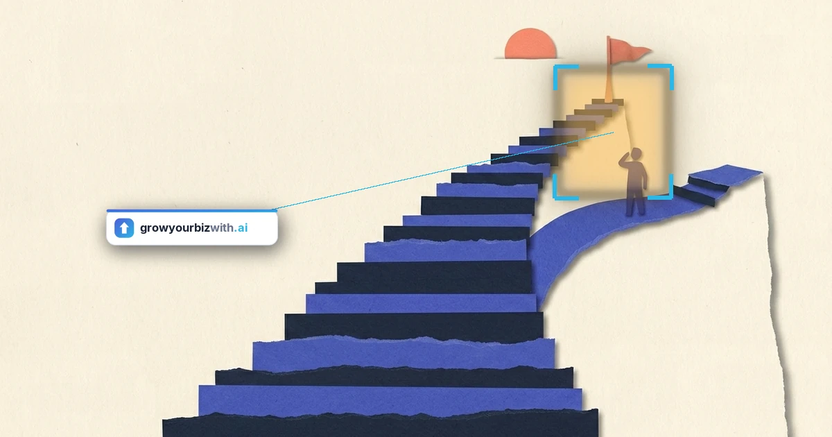 Paper-cut collage of a staircase forking near the top with a small figure choosing the path toward a summit flag, illustrating the fractional CMO decision, with the growyourbizwith.ai answer card marking the summit