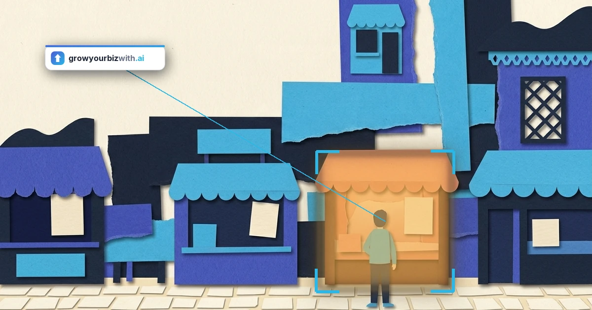 Paper-cut collage illustration of a market row of shopfronts with one figure pausing at a coral-awning stall, illustrating outsourced marketing for small business