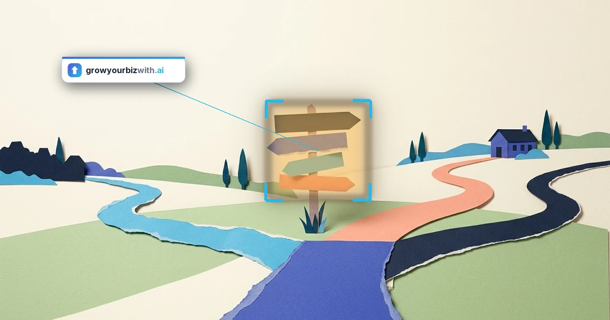 Paper-cut collage illustration of a country crossroads with blank signposts, one favoured coral route to a distant house, on whether AI will replace marketing agencies