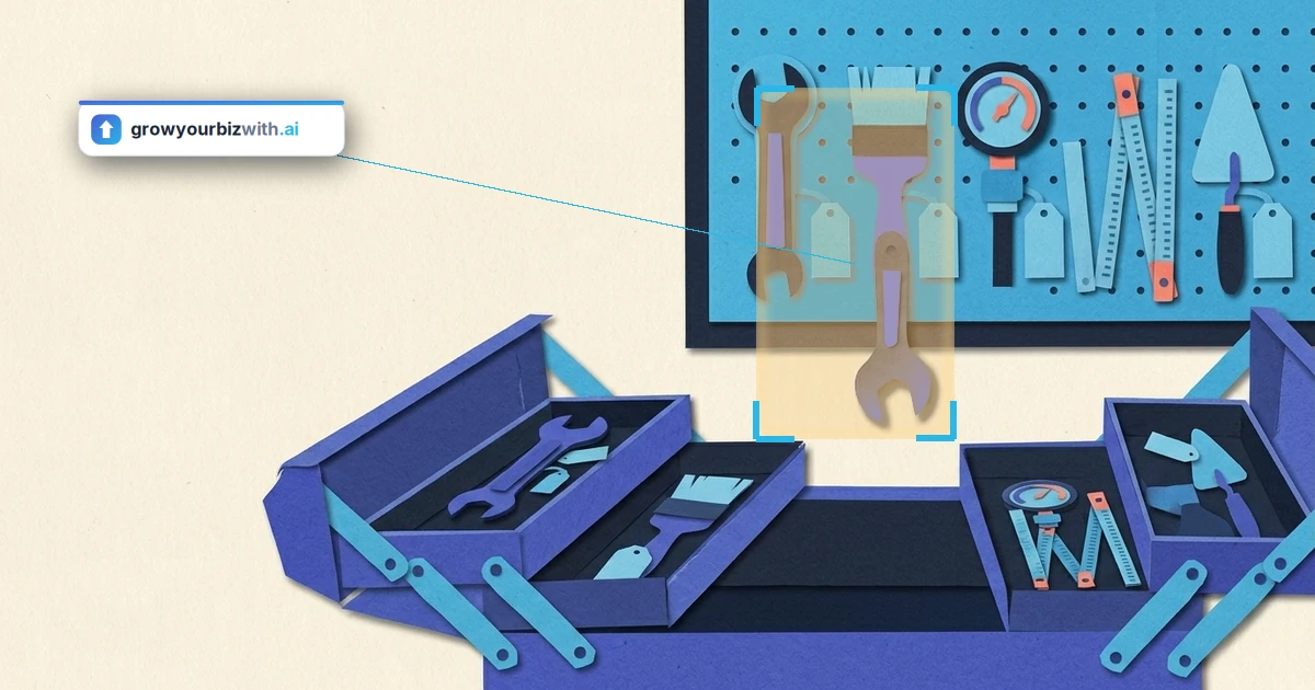 Paper-cut collage illustration seen from above of an open toolbox of simple marketing tools on cream paper with one tool lifted out as the chosen option, illustrating the fractional CMO for startups decision, marked by the growyourbizwith.ai answer card