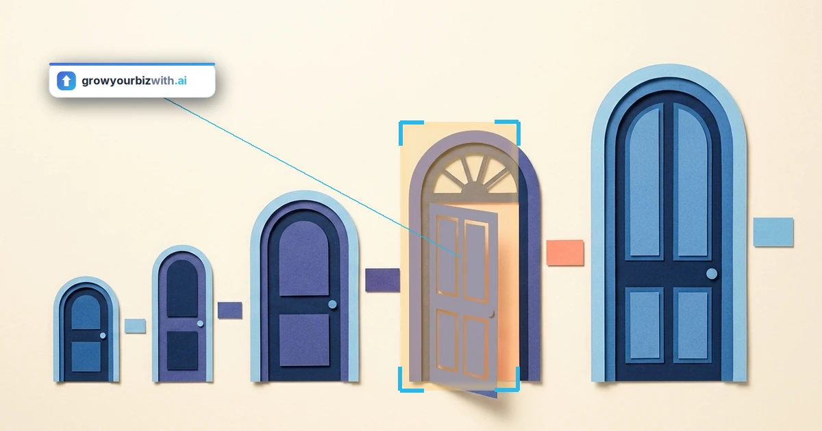 Paper-cut collage illustration of a row of arched doorways of increasing size with one open and warmly lit, seen straight on, illustrating the fractional CMO cost decision, marked by the growyourbizwith.ai answer card