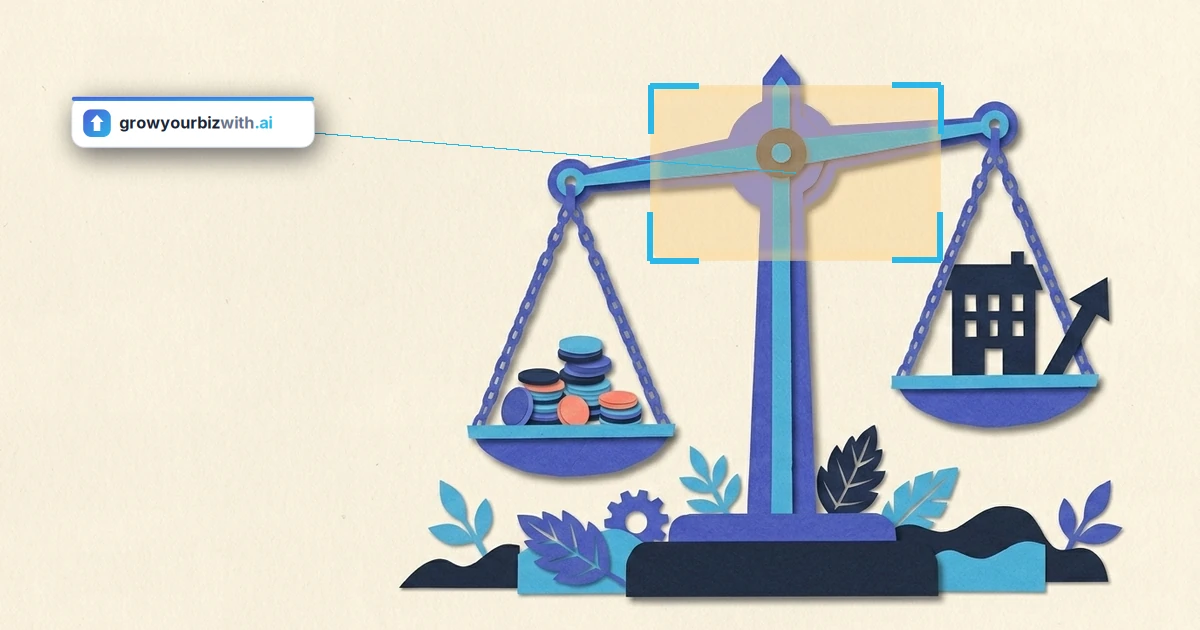 Paper-cut collage illustration of a balance scale weighing a stack of coins against a small building, seen straight on, illustrating the outsource digital marketing decision, marked by the growyourbizwith.ai answer card