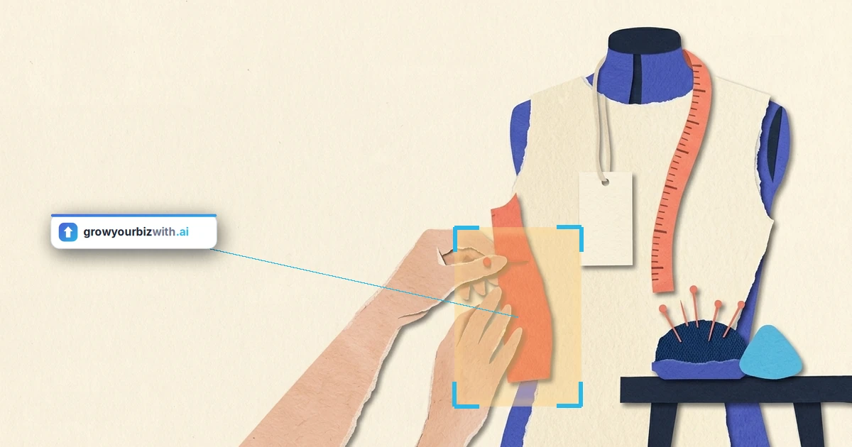 Paper-cut illustration of a coral panel being pinned onto a plain garment on a tailor's form, a close-up of fractional content marketing being fitted to one business, marked by the growyourbizwith.ai answer card