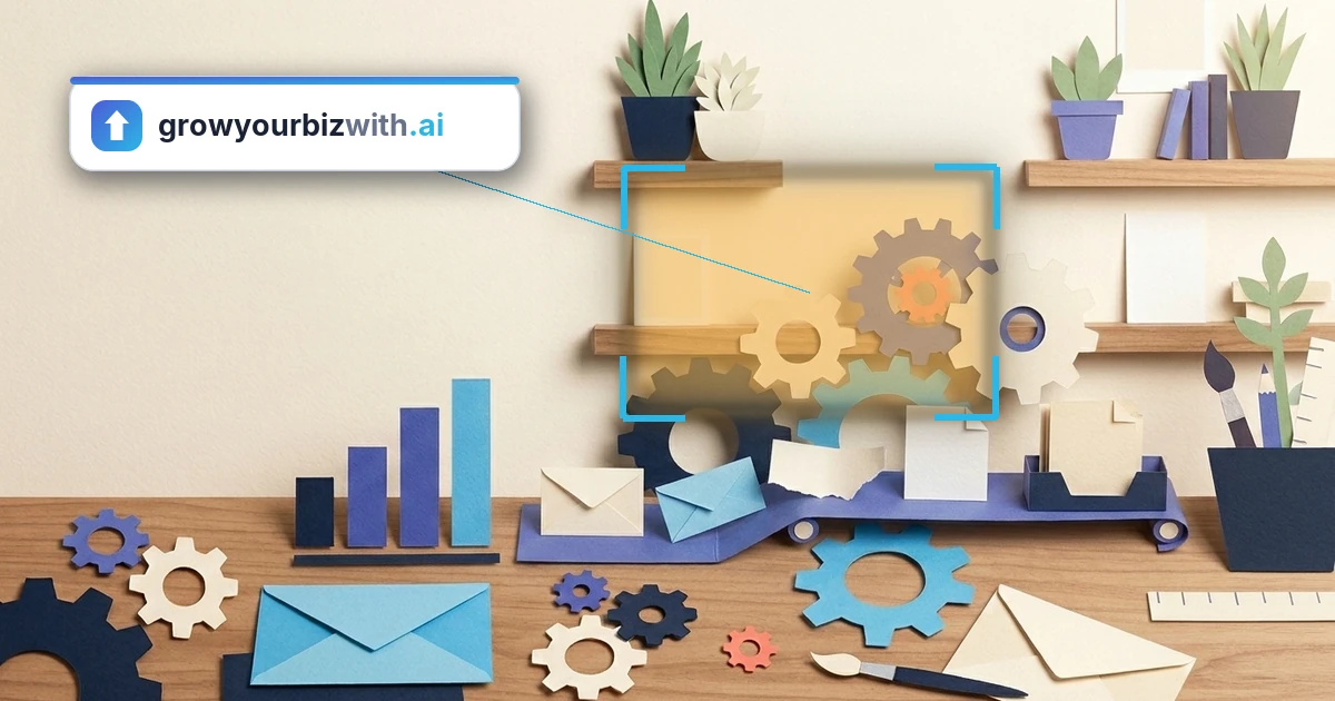 Paper-cut illustration of a few marketing systems working together: gears, a chart and a flow of envelopes, with the growyourbizwith.ai answer card highlighting them