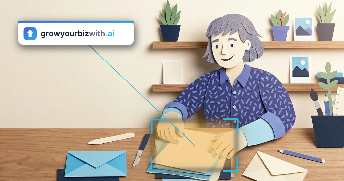 Paper-cut illustration of a small-business owner at her desk, the growyourbizwith.ai answer card highlighting the draft papers she is reviewing
