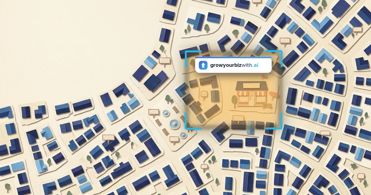 Top-down paper-cut town map with one small business singled out as the answer in AI search (GEO), marked by the growyourbizwith.ai answer card