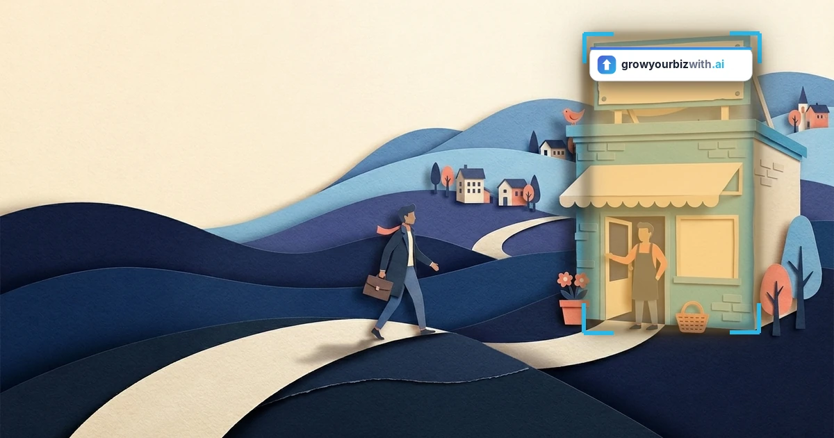 Paper-cut illustration of a small-business owner at their storefront on a hill with a customer approaching, the growyourbizwith.ai answer card highlighting the shop
