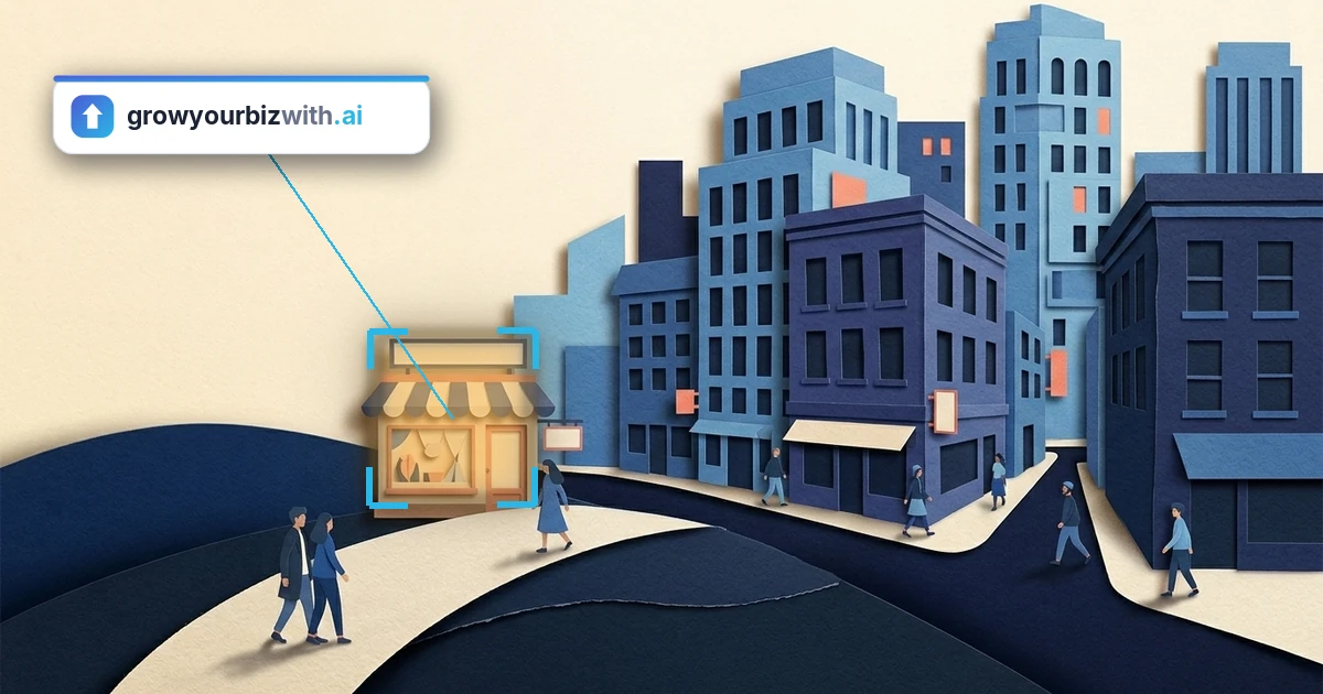 Paper-cut illustration of one small storefront singled out on a modern city street, the growyourbizwith.ai answer card highlighting the shop